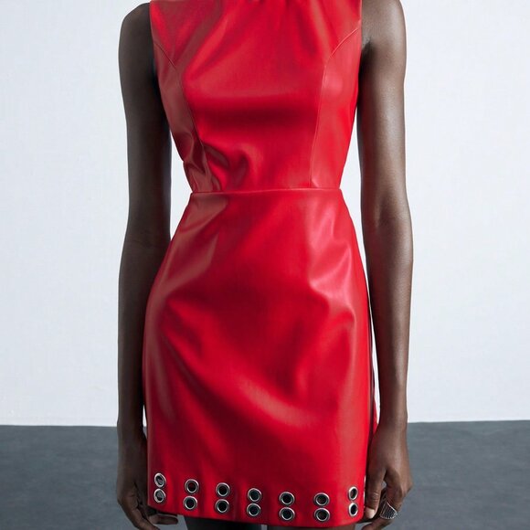 Red Casual Women's Party Dress with Eyelet Decor - Picture 7 of 7